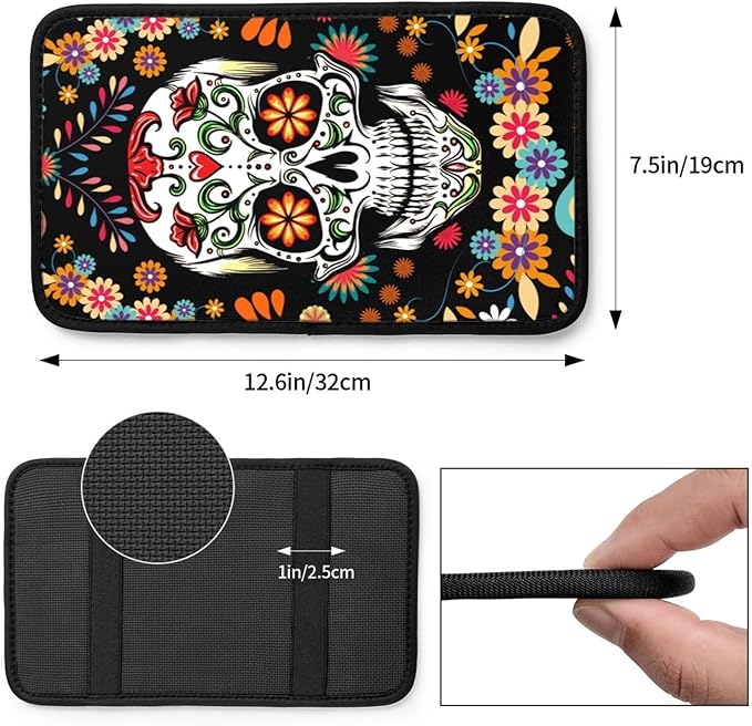 indokyeyqaz Universal Car Center Console Cushion Pad, Sugar Skull Colorful Soft Waterproof Car Center Console Cover Auto Armrest Seat Box Cover Protector for Most Vehicle SUV Truck Car