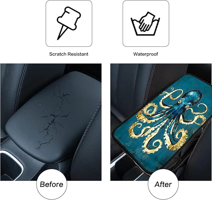 JANENFNA Car Armrest Cover Pads Universal Fashion Cute Auto Center Console Armrest Cover Pad with 2PCS Car Coasters Soft Waterproof Car Armrest Seat Protector for Women,Blue Gold Octopus