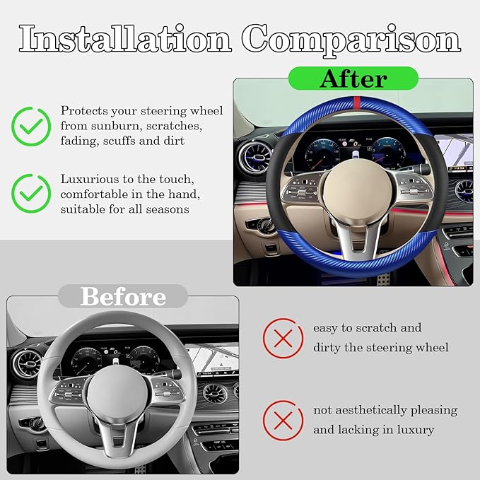 Black & Blue Carbon Fiber Leather Steering Wheel Cover, Microfiber Leather, Anti-Slip, Breathable, Universal Fit for 14.5–15 in Steering Wheel Cover for Men Women