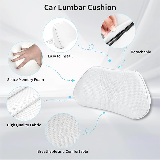 Dapucarin Lumbar Support Pillow for Car Seat, Office Chair Nappa Leather Memory Foam Lower Back Cushion for Back Pain Relief Improve Posture, Ergonomic Back Rest for Gaming Chair, White, 1PC