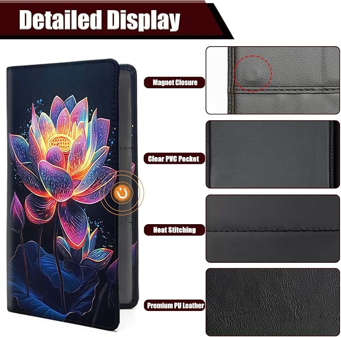 Yuxcfhjfe Car Registration Holder, PU Leather Vehicle Glove Box Organizer for Driver License, Document, Car Insurance Holder with Magnetic Shut, Auto Paperwork Wallet Case Accessories, Colorful Lotus