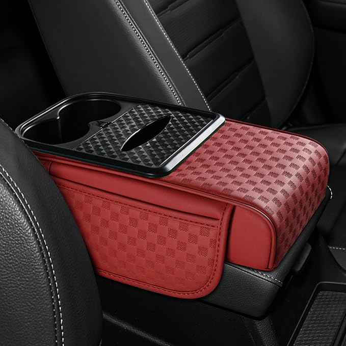 Hovom Car Center Console Armrest Pillow, 13.78"×7.48"×2.76" Leather Arm Rest Cover for Cars, Multifunctional Auto Armrest Cushion Pad with Pocket, Tissue Box & Cup Holder, Car Accessories (Wine Red)