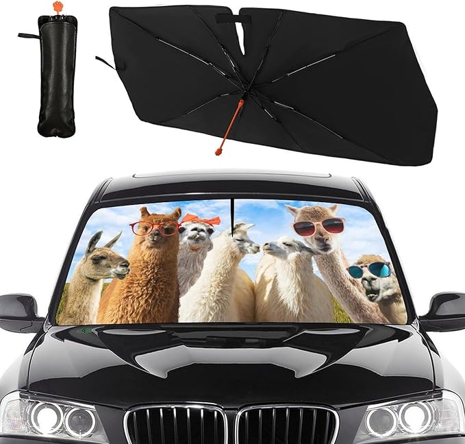 DOPINDU Llama Alpaca Car Windshield Sun Shade Umbrella Bendable Handle Foldable Funny Sunshade for Car Windshield Block UV Rays Keep Vehicle Cool for Most Sedans SUV Trucks Cars 57"x30"