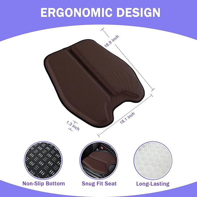 Soft Thin Gel Seat Cushion for Car Seat, Office Chair, Wheelchair, Stadium - Non-Slip Car Seat Cushions with 1 Inch Gel - Sciatica & Tailbone Pain Relief (Brown)