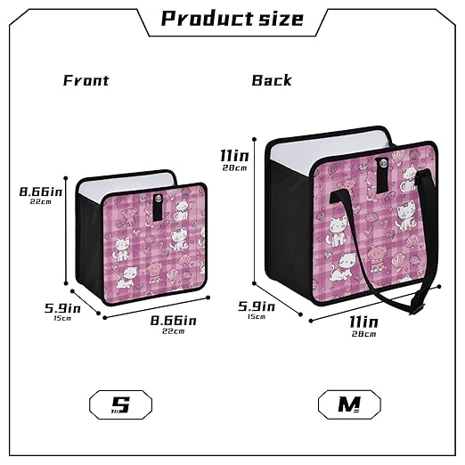 Car Trash Can Organizer Bin with Adjustable Strap for Back Front Seat Console Waterproof Leakproof Collapsible Portable 11 Inch Checkered Pink Kittens Hearts Shells