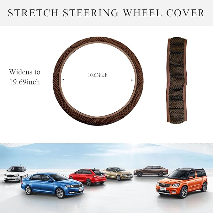 Elastic Steering Wheel Cover, 15"×15" Comfy Breathable Stretch Steering Wheel Protector, Ice-Silk Cloth Polyester Steering Wheel Cover for Men Women, Car Accessories (Brown)