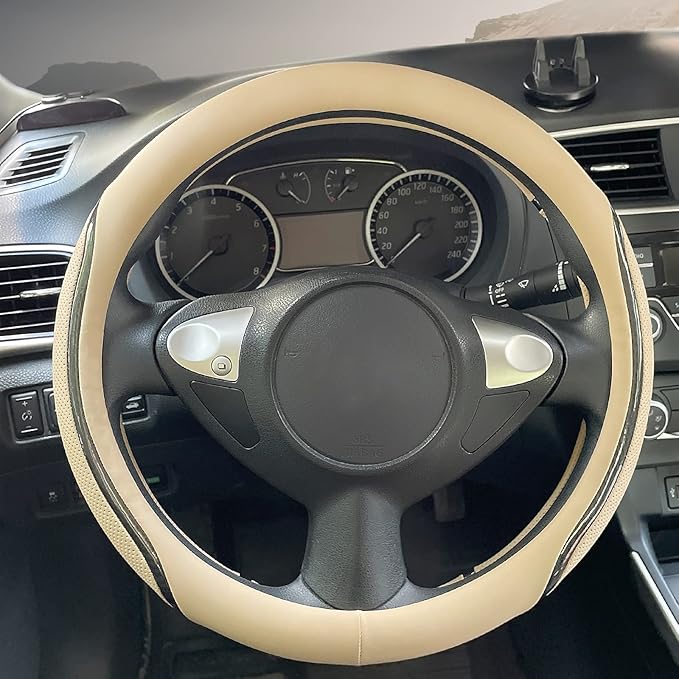 Muamos Car Steering Wheel Cover Beige, 14.5-15 inch Steering Wheel Covers with Coasters Microfiber Leather Carbon Fiber Breathable Anti-Slip Durable Universal Auto Steering Wheel Protective