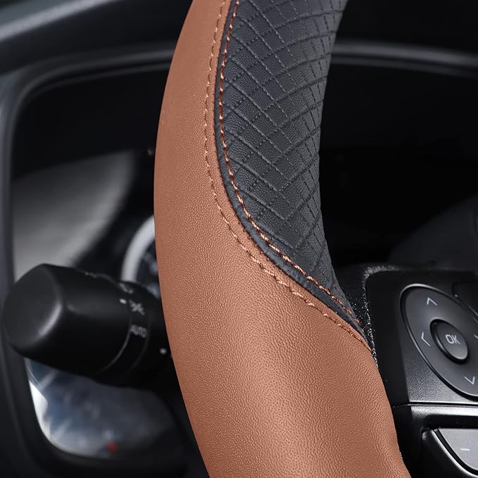 Auto Car Genuine Leather Steering Wheel Cover Anti Slip Wrap 15" (Brown)