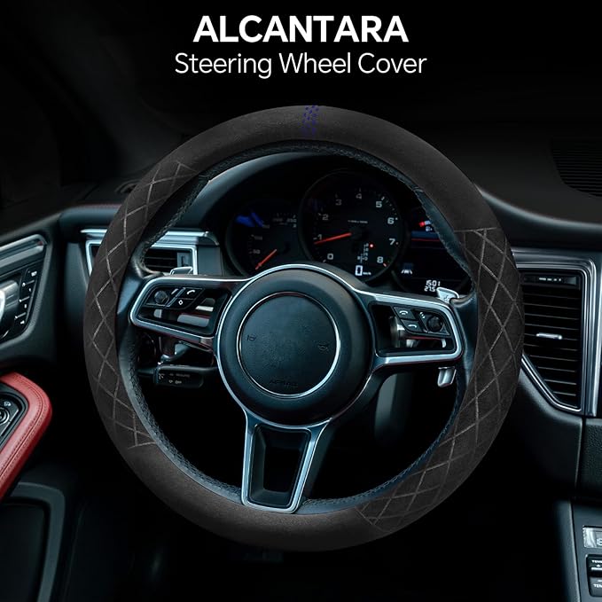 PAUUOOA Alcantara Sports Steering Wheel Cover 14.5" to 15" Fit - Anti-Slip Comfort Grip, Durable Soft Suede-Feel Luxury Material for Men Drivers | Fits Sports Cars, Luxury Cars, Sedans, SUVs and EV