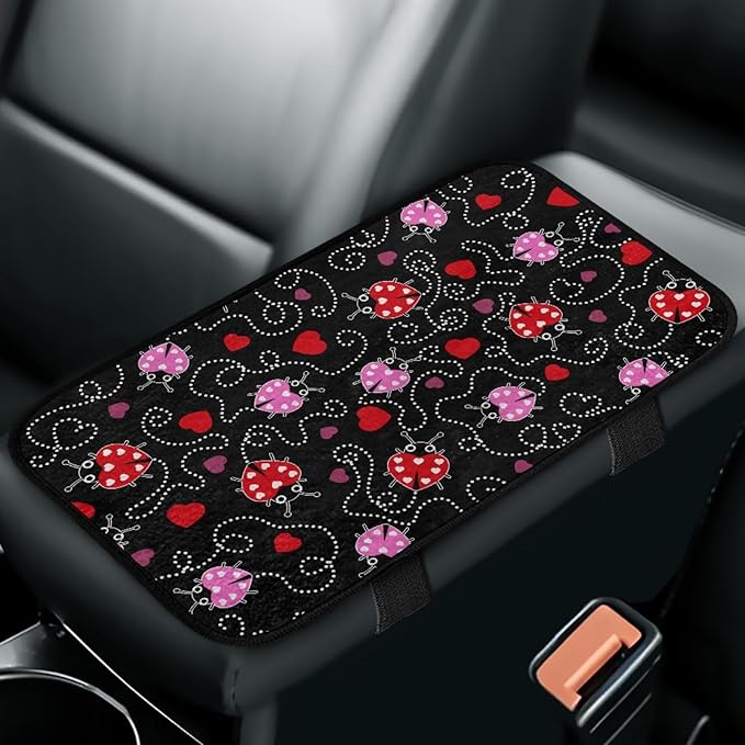 CLOHOMIN Cute Ladybug Car Arm Rest Covers Heart Auto Armrest Pad with Straps Warm Car Accessories Flannel Auto Center Console Armrest Cushion Cover Fit for Most Vehicles