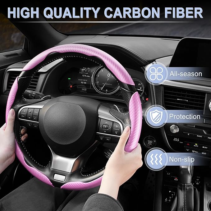 Amiss 3pcs Carbon Fiber Anti-Skid Steering Wheel Cover, Waterproof & Segmented Butterfly Design, Universal 99% Vehicle Wheel Cover Protector, Car Interior Accessories, Pink