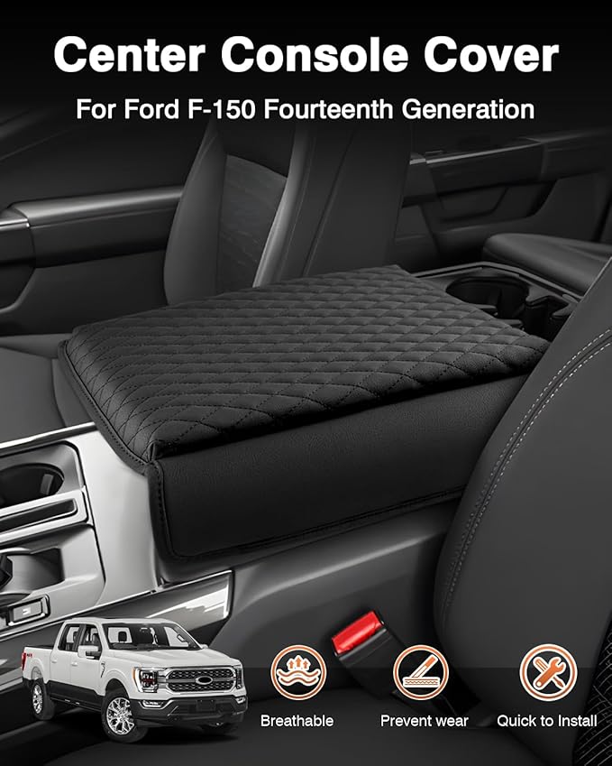 Shademax Center Console Cover for 2021-2025 2026 Ford F150, 2022-2025 F150 Lightning Work Surface Console Armrest Cover Cushion Pad PU Leather Armrest Seat Box Protector F150 Interior Accessories