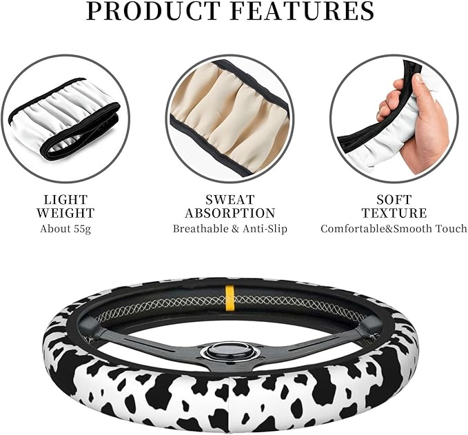 Black White Cow Print Neoprene Steering Wheel Cover for Men Women Anti-Slip Elastic Steering Wheel Protective Cover 15in Universal Car Accessories Fit Cars, SUVs, Auto