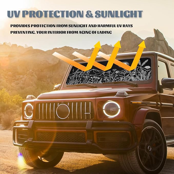White Ink Line Car Windshield Sunshades Wildflowers Mountains Sun Vines Front Window Sun Shade Blocks UV Rays Sun Visor Protector for Car Sedan Truck SUV Accessories 59" L x 31.5" W