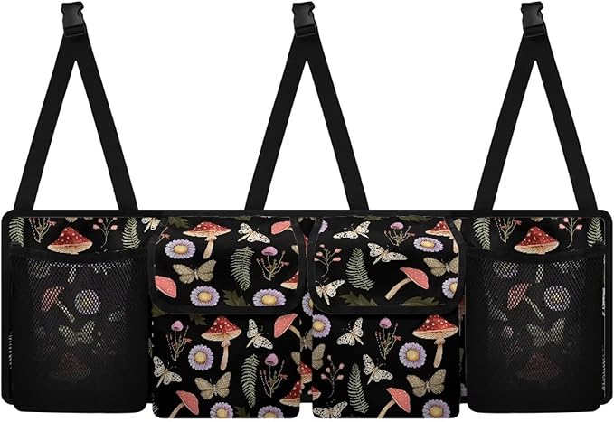 Mushroom Car Trunk Organizer, Butterfly Large Capacity Backseat Trunk Organizer with 4 Pocket, Backseat Hanging Car Storage Organizer Foldable Cargo Storage with Adjustable Straps