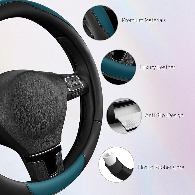 Road Comforts Steering Wheel Cover, Breathable Anti-Slip Leather Steering Wheel Cover, Universal Fit 14.5–15 Inch, Comfortable Grip - Blue Color