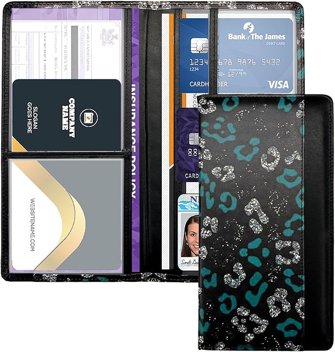 FinestHouse Car Registration and Insurance Holder with Magnetic Closure, Universal Document Organizer for License, Insurance Cards & Glove Box Storage (Leopard-Green and Silver)