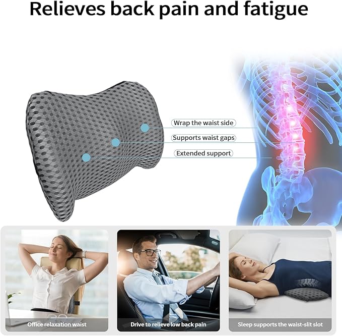 sproerden Lumbar Support Pillow with Adjustable Straps for Lower Back Pain Relief. Memory Foam Lumbar Support Pillow for Car, Bed, Office Chair, Gaming Chair, Recliner, Improves Posture (Gray)