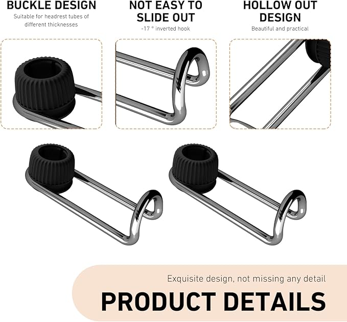 Cuymoap 2 PCS Car Headrest Hooks, 10 KG Load Bearing Anti-slip Hanging Hanger, Rotatable Hidden Storage Hook, Universal Multifunction Seat Back Organizer for 0.47" - 0.59" Tube Diameter (Black)