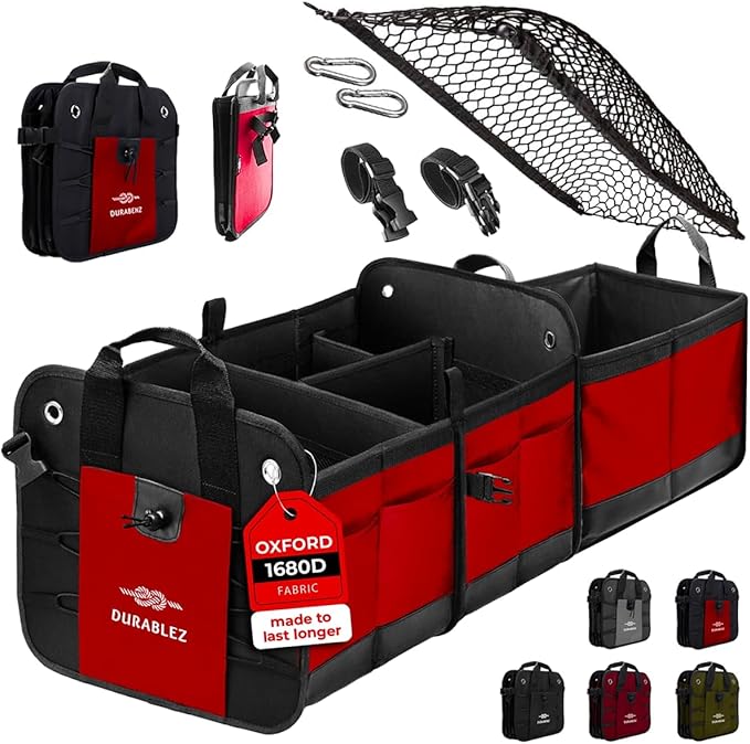DURABLEZ XL Trunk Organizer 3-Section Modular – Extra Large Car Storage for Groceries & Travel Gear, Multi-Compartment Foldable Cargo Bin – Red