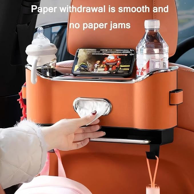 SEPSUMMER Multifunctional Car Backseat Organizer with Cup Holder, Tissue Box, Trash Bin & Hooks, 3-in-1 Back Seat Car Organizer for Hold Phones, Snacks, Drinks, and Handbags (Original Model - Orange)