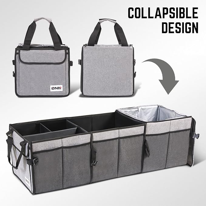 DNA Motoring Trunk Organizer for Car, 90L Large Capacity Foldable Trunk Organizer, Multi Compartment Car Trunk Organizer for Women Men, Grey, TOOLS-00421