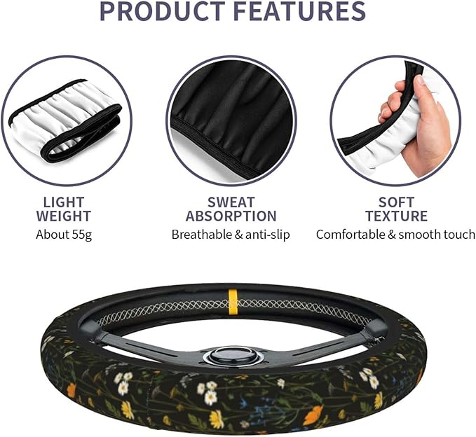 Floral Steering Wheel Cover Elastic Non-Slip Car Steering Wheel Covers with Seat Belt Shoulder Pad for Women Men
