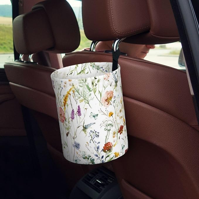 Watercolor Flower Car Trash Can,Car Accessories Waterproof Car Organizer Foldable Portable Trash Bin Can Be Hung on The Back Seat Garbage Can for Various Cars