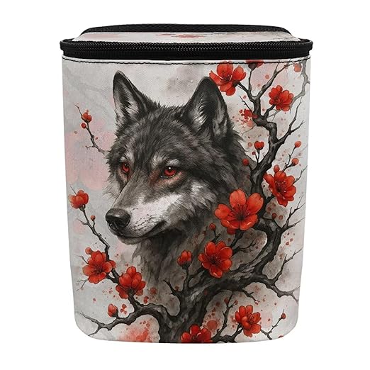 Talayituse Wolf Cherry Blossom Print Car Trash Can with Lid, Leak Proof Auto Trash Bag Hanging Vehicle Garbage Can Multipurpose Storage Container for Back Seat Road Trip