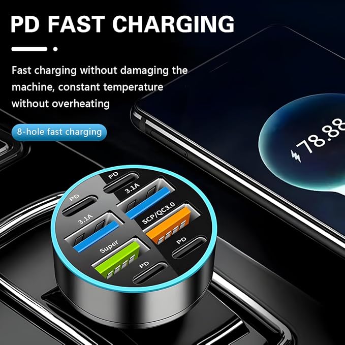 8 Ports 66W Car Charger, 12-24V Super Fast Charging with USB 3.1A PD&QC 3.0 with LED Voltmeter for Cigarette Lighter Plug, Compatible with All Smartphone, Universal Auto Accessories