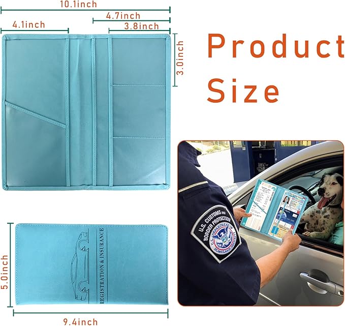 Kewucn Car Registration and Insurance Card Holder, Leather Auto License Document Glove Box Compartment Organizer, Essentials Vehicle Wallet Case for Driver License, ID Card (Light Blue)