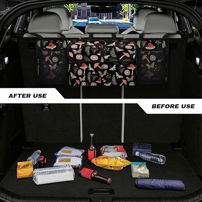 Mushroom Car Trunk Organizer, Butterfly Large Capacity Backseat Trunk Organizer with 4 Pocket, Backseat Hanging Car Storage Organizer Foldable Cargo Storage with Adjustable Straps