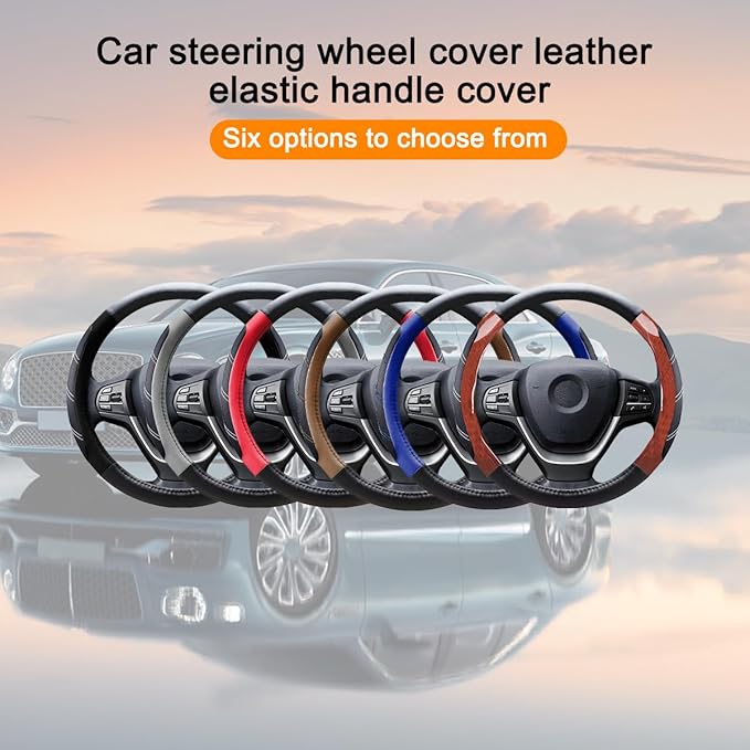 Mandark Car Steering Wheel Cover, Elastic Sport Leather Vehicle Steering Wheel Protector, Non-Slip Soft Grip Padded Auto Interior Protective Accessories, 14.5-15 Inch Universal Fit（Coffee）