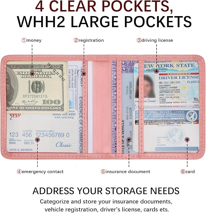 Registration and Insurance Card Holder, Vehicle Glove Box Car Organizer with Magnetic Closure, Interior Car Accessories for Documents, Cards, License Storage, 1-Pack Pink