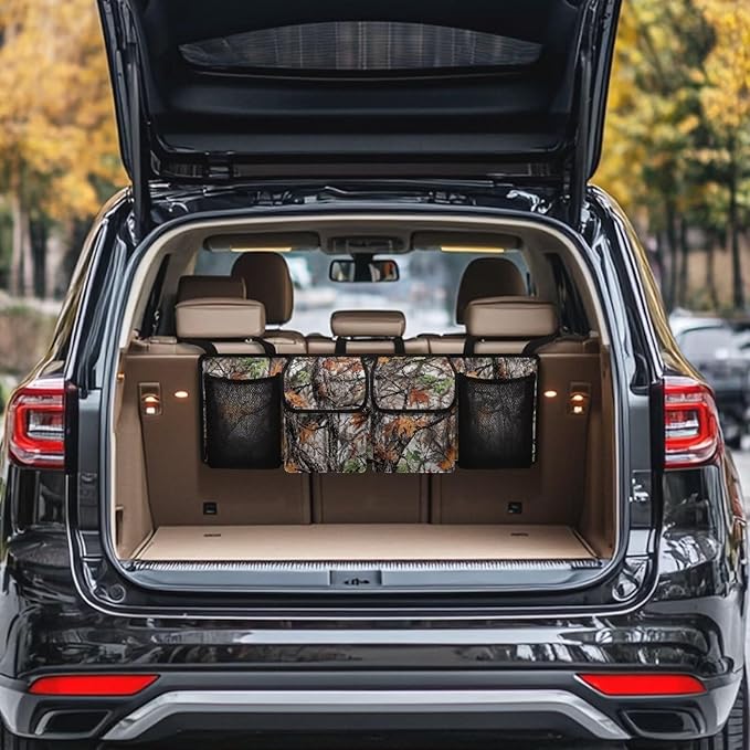 Car Storage Organizer New Version, Woods Camouflage Hanging Trunk Organizer with 4 Functional Storage Bags, Car Trunk Storage Bag for SUV Truck MPV VAN