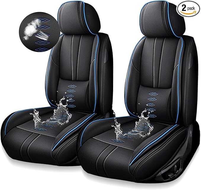 Premium Universal Car Seat Cover, Comfortable Leather Seat Cover for 96% of Models, Waterproof Car Seats Protectors Cushions for 2 Seats(Black+Blue)