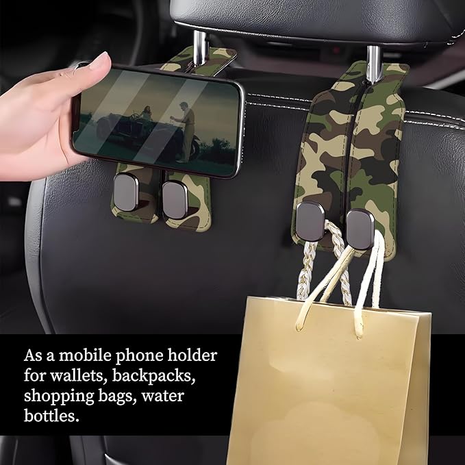 NUGGHU Car Seat Headrest Hook, Universal Leather Cute Hanger Holder Hook, Storage Organizer Interior Accessories for Purse Bags Handbag Green Camouflage