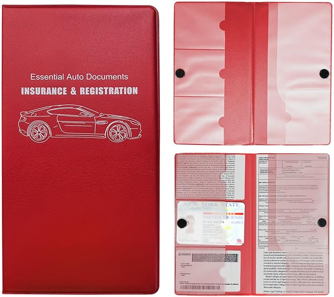 Car Registration and Insurance Holder, 10.39''×9.56'' Essential Auto Card Document Glove Box Organizer with Closure, Car Interior Accessories (Red, Large Car)