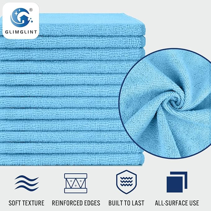 GLIMGLINT Blue Microfiber Cleaning Cloth, 12 Pack Cleaning Towels for Kitchen, Lint Free, Scratch-Free, Highly Absorbent, and Reusable Cleaning Rags for House, Window and Glass, Cars, 14"X12"