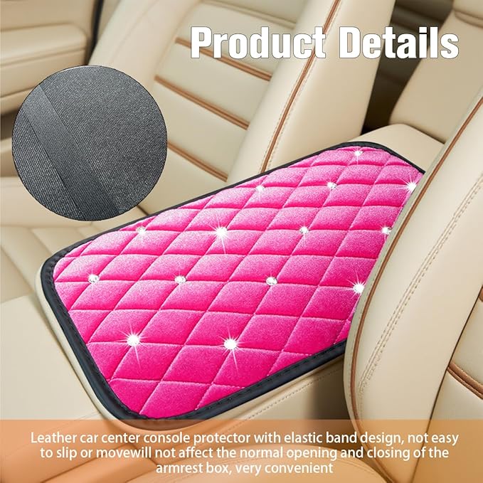 HZEL Bling Car Center Console Cover, Crystal Rhinestone Velvet Soft Vehicle Seat Armrest Box Protector Cushion, Comfortable Diamond Auto Arm Rest Mat Pad, Universal for Truck SUV Sedan (Rose Red)