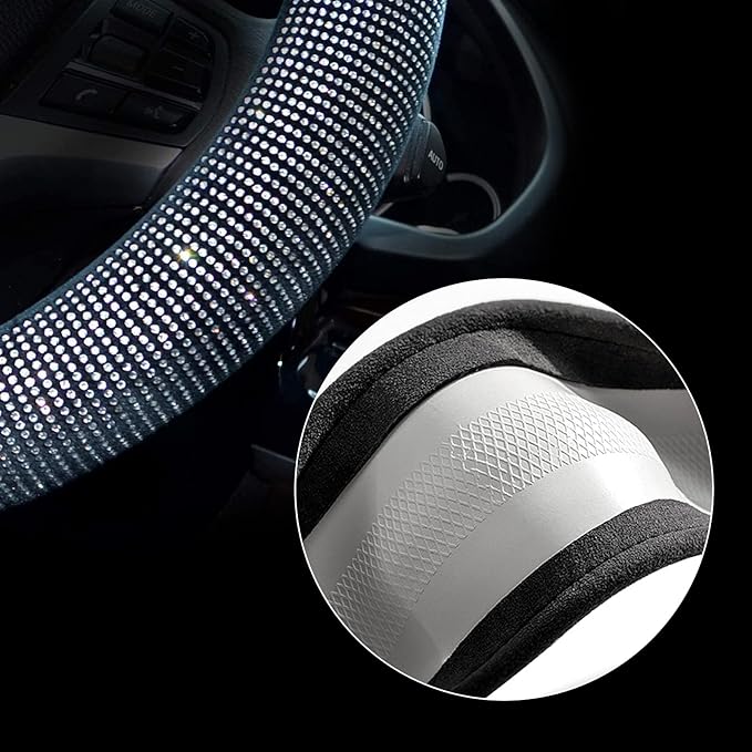 Valleycomfy Steering Wheel Cover for Women Men Bling Bling Crystal Diamond Sparkling Car SUV Wheel Protector Universal Fit 15 Inch (Black with White Diamond,Standard Size(14" 1/2-15" 1/4))