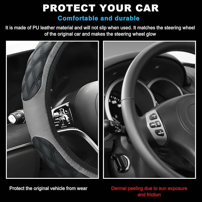 Car Steering Wheel Cover, 15 Inches Non-Slip Leather Car Steering Wheel Protector, Universal Steering Wheel Soft Cover Mats for Car Truck SUV, Interior Car Accessories (Gray)