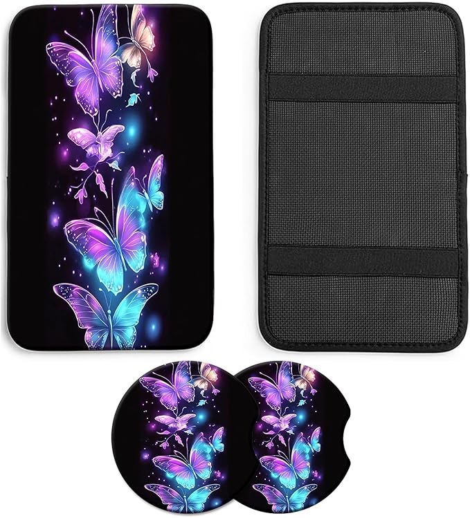 JANENFNA Car Armrest Cover Pads Universal Fashion Cute Auto Center Console Armrest Cover Pad with 2PCS Car Coasters Soft Waterproof Car Armrest Seat Protector for Women,Purple Butterfly