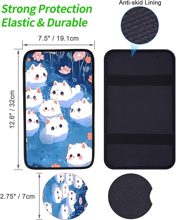 JANENFNA Car Armrest Cover Pads Universal Fashion Cute Auto Center Console Armrest Cover Pad with 2PCS Car Coasters Soft Waterproof Car Armrest Seat Protector for Women,Cute White Cat in Water