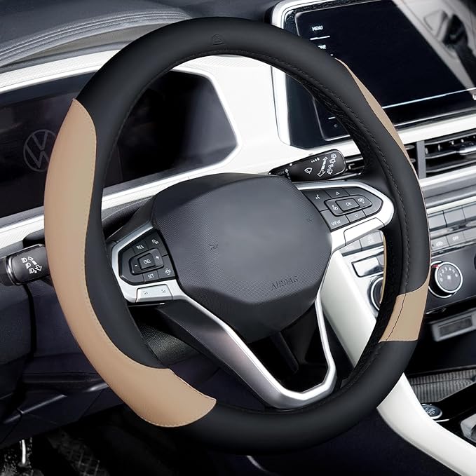Coverado Car Steering Wheel Cover, Nappa Leather Black & Brown Steering Wheel Covers, Universal 14-15 inch, Anti-Slip, Breathable Steering Wheel Protector for Women Men