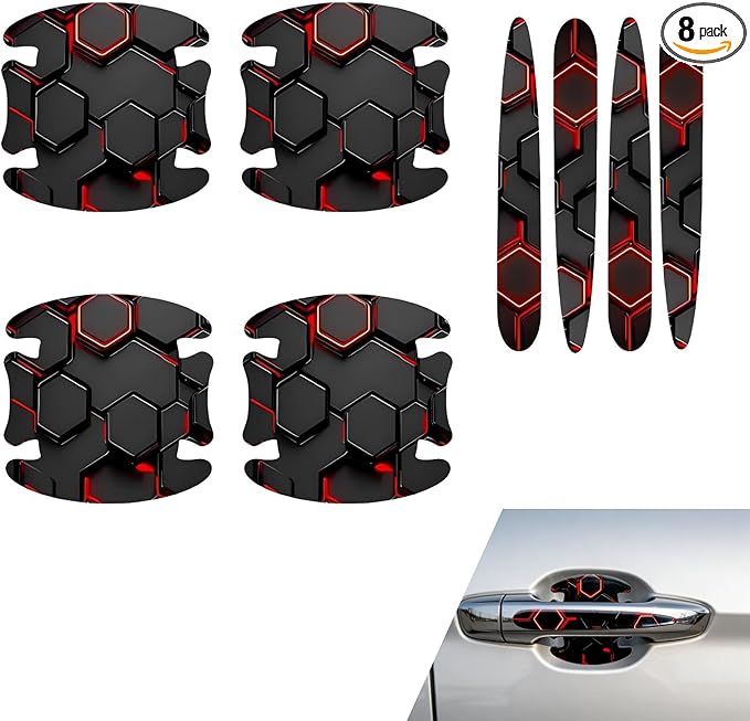 8PCS Car Door Handle Scratch Protectors, 3D Carbon Fiber Door Handle Bowl Sticker, Waterproof Scratch-resistant Self-adhesive Protective Film, Universal for Most Vehicles (Red)