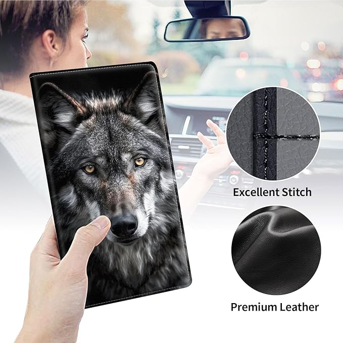 Qindaiwen Car Registration and Insurance Holder, Vehicle Card Document Elastic Band Closure Glove Box Organizer, Driver License Cards, Car Accessories for Essential Info, Grey Wolf 03