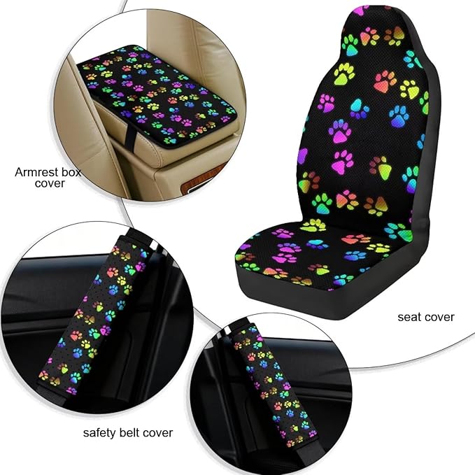 Qeluxign 5 Piece Car Seat Covers Set for Women Men Rainbow Paw Print PU Leather Seat Covers Belt Pads and Armrest Cover Universal Fit Car Accessories
