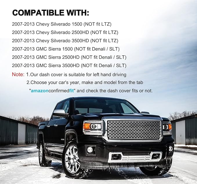 Dash Cover Custom Fit for Chevy Chevrolet Silverado 1500 LT/WT 2007-2013 2500 HD / 3500 HD/GMC Sierra 2007-2013 .Dashboard Cover Mat Pad Carpet (08-13, Black) Y74