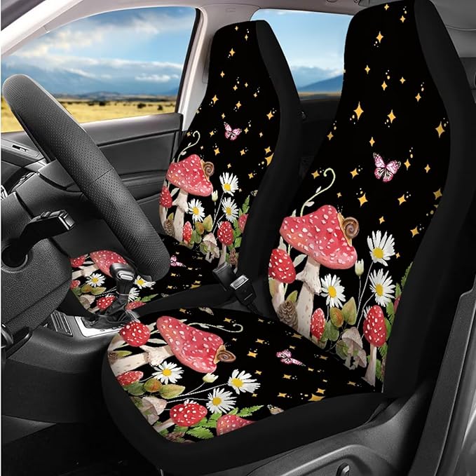 Dngkaoje Mushroom Car Accessories Full Set for Women Interior Seat Protector 13 Pcs Flower Mushroom Car Seat Covers Set for Front Rear Split Bench Cushion Pads,Trash Bin,Handbrake Shift Covers